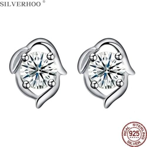 SILVERHOO Geometric Creativity Women 925 Sterling Silver Stud Earrings Clear Cubic Zirconia Girl Small Earring Wedding Jewelry