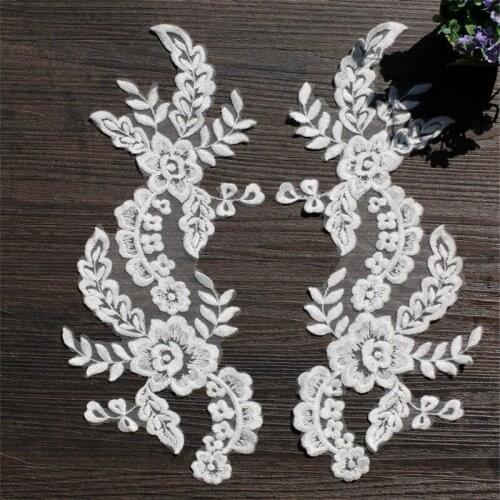 1 Pair 33*14cm Ivory White Cotton Lace Applique Trim Flower Sewing Trims Wedding Dress Applique