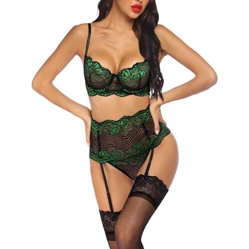 Sexy Garter Belts Bra Panty Women Split Underwear Three Piece Lingerie Sets Sleepwear Sexy Hot Erotic Bra G-string Garter Set
