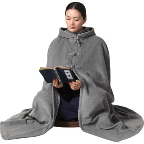 Kung fu robes Buddhist monk robes zen clothes cloak kung fu robes Coldproof Cloak men Long coat Hooded cape Meditation Zen Robes