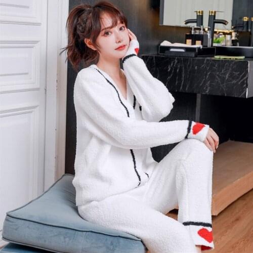 Ins Fashion Pajamas For Women Buttons Cardigan + Pant Two Piece Set Velvet Thickening Winter Sleepwear Ladies Loose Homewear