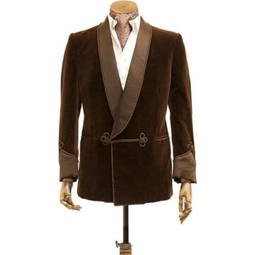 Latest Designs Double Breasted Brown Velvet Smoking Jacket Only Men Smoking Blazer Jacket Shawl Lapel Formal Night Mens Jacket