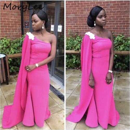 One Shoulder Bridesmaid Dresses With Cape African Special Fushcia Floor Length Mermaid Satin Wedding Party Bridemaid Dress
