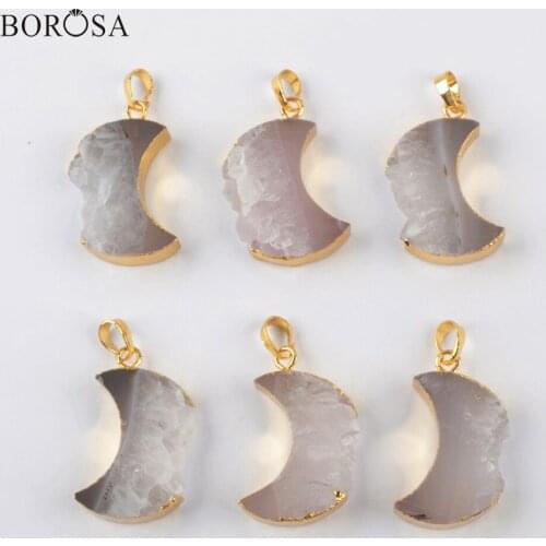 BOROSA New Crescent Raw Natural Agates Slice Charms for Women 18'' Gold Moon Druzy Crystal Quartz Pendant Necklace Jewelry G1963