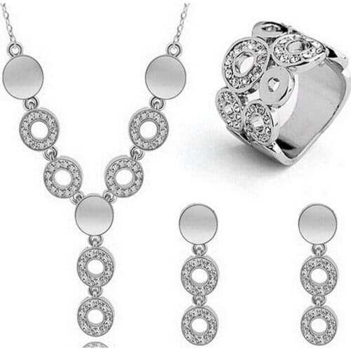Luxury Silver Wedding Jewelry Sets For Woman Fashion Rhinestone Pendants Necklace Earrings Ring 3pcs Sets Bridal Fine Gifts