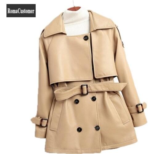 Sheepskin Genuine Leather Trench Coat 2021 Autumn New British Style Loose Solid Fashion Casual Womens Elegant Outerwear