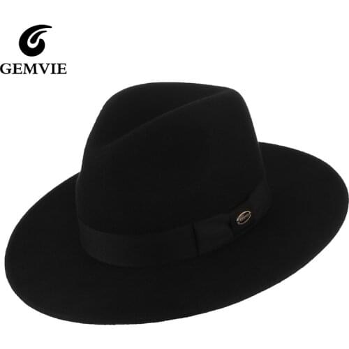 GEMVIE Unisex 100% Wool Black Felt Fedora with Grosgrain Hat For Women/Man Gangster Jazz Cap Wide Brim Autumn Winter Panama