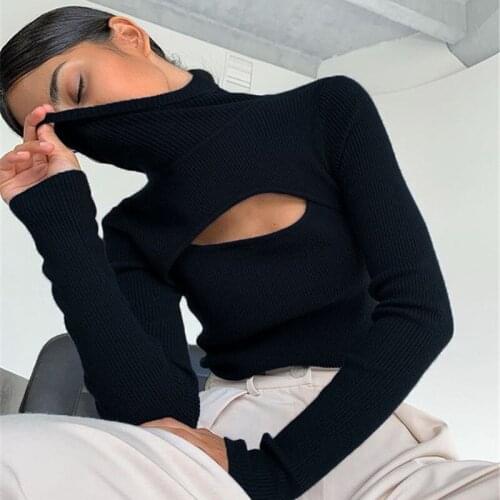 2021 Womens T-shirts Long Sleeve Sexy Slim Autumn Turtleneck Black Casual Women Shirts Elastics Hollow Out Hole Streetwear