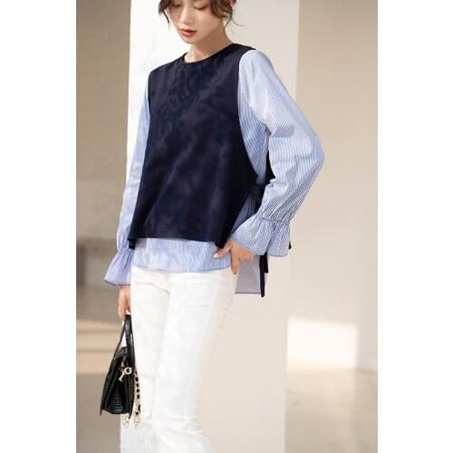 T-shirts Women Fake Two Pieces Long Sleeve Striped Color 2021 Spring and Autumn Fashion Casual Classic Blouse C2391