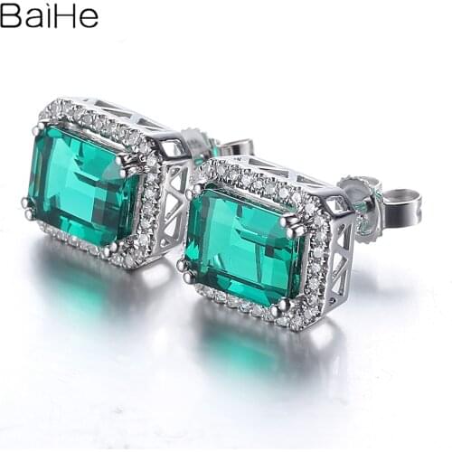BAIHE Sterling Silver 925 2.95ct Treated Emerald Earrings Engagement Gift Fine Jewelry Emerald Stud Earrings for Women