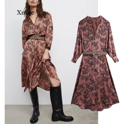 Women Vintage V Neck Animal Print Pu Sashes Satin Shirt Dress Chic Female Retro Single Breasted Midi Vestido Dresses Clothing