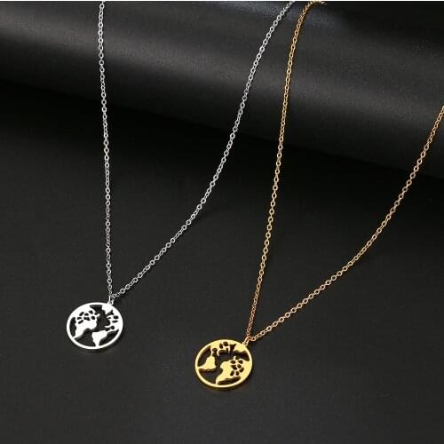 Stainless Steel Necklace World Map Pendant Necklaces Globe Charm Boho Jewelry For Women Wanderlust Earth Choker Travel Gifts
