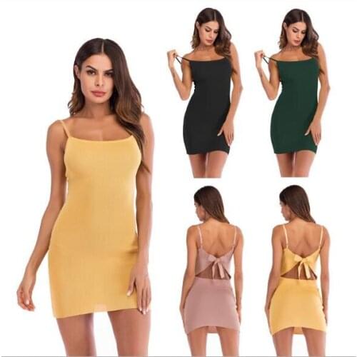 Knitted Dress Women Solid Color Sexy Spaghetti Strap Back Hollow Out Bow Bodycon Dresses Ropa Mujer Vestidos Sexi 2019 Spring