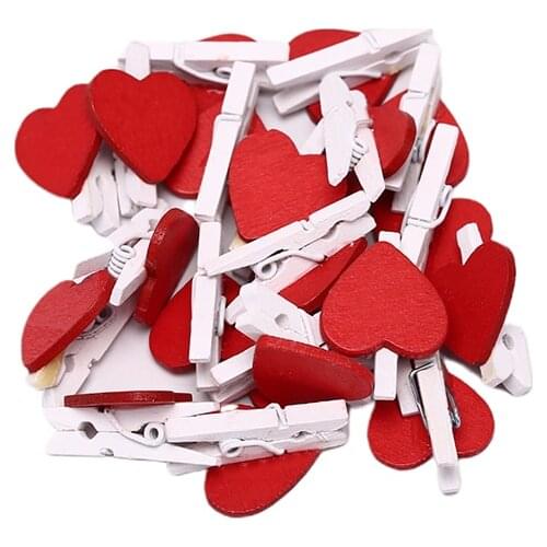 20Pcs Cute Mini Red Heart Shaped Wooden Photo Paper Clips Memo holder Home Decoration Clips Office Accessories