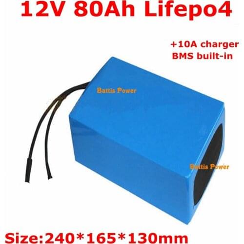 2000 cycles LiFepo4 12V 80Ah lithium iron battery pack with BMS for solar system energy storage UPS RV+10A Charger