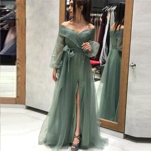2021 Green Organza Evening Dresses Off the Shoulder Puff Long Sleeves Prom Gown Simple Graduation Party Dress vestido de fiesta