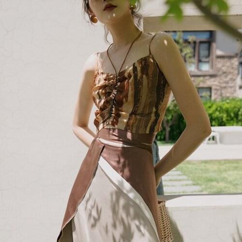 2021 Summer Fashion Spliced Tank Printed Vintage Oil Painting Color Women Casual Slim Female Camisole Tops C610