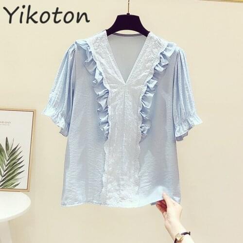 Simplee Elegant Blouses and Shirts Blue White Soild Casual Tops 2021 Women Summer Clothes Korean Ladies Fashion Kawaii Blouse