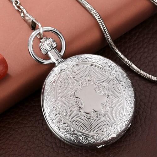 Luxury Silver Copper Retro Self Winding Mechanical Pocket Watch Exquisite Engraved Pattern Pendant Antique Pocket Clock