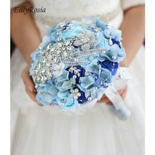 EillyRosia Jewelry Brooch Bouquet for Bride Crystals Sparkly Blue Beautiful Holding Flowers Wedding Bouquet de fleur mariage