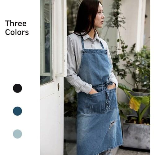 GOOPEEG Cotton Thick Denim Retro Old Apron Creative Hole Personality Bib Barista Florist Shop Baking Work Clothes Apron
