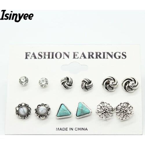 ISINYEE 6 pairs Fashion Small Geometric Stud Earrings Sets Crystal Heart Ear For Women Girls Vintage Gold Silver Jewelry