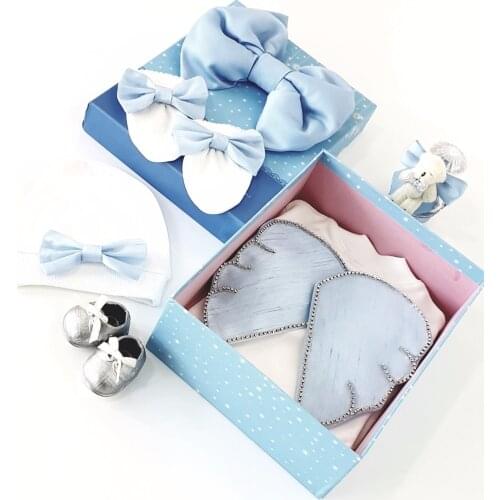 Newborn Angel Wings Baby Boy Rompers Set With Special Box Blue Cotton Rompers Beanie Gloves Shoes