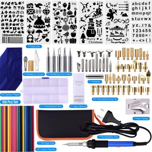 106pcs Adjustable Temperature Wood Burning Kit 60W Pyrography Pen Set 220-480℃ Woodburning Tool for Embossing Carving Soldering