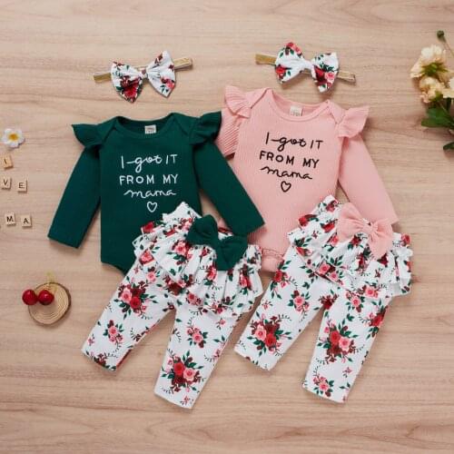 Baby Girls Three-piece Clothes Set Round Collar Romper Floral Printed Pattern Pants and Headdress 0-12M