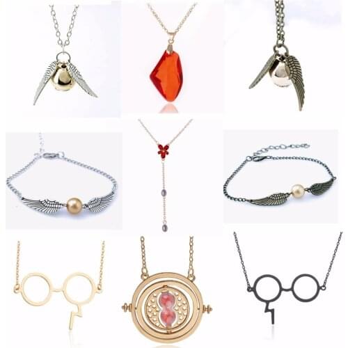 Harried Metal Necklace Red Stone Vintage Style Angel Wing Golden Snitch Pendant Necklace Action Figure Toys For Children
