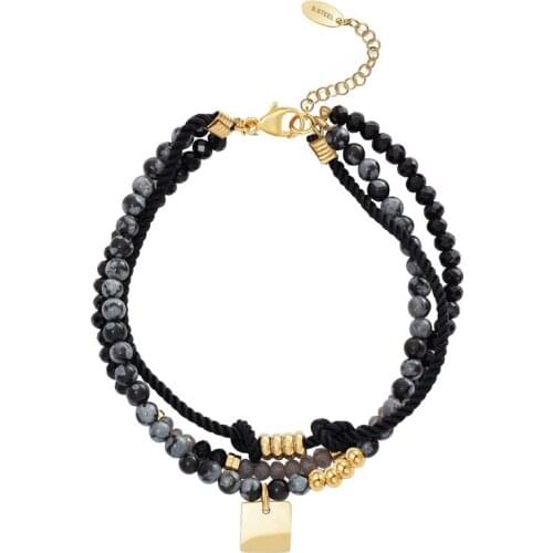 Boho Style Multi-Layer Stone Crystal Beaded Chain Bracelets Femme Stainless Steel Square Charms Handmade Bracelet pulseras mujer