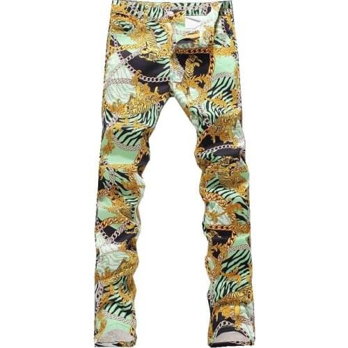 2021 New Mens fashion tiger chain print jeans Male slim fit thin denim pants Long trousers Free shipping Leisure simplicity