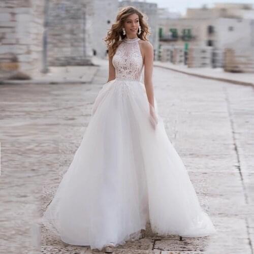 2021 New Halter Wedding Gowns Sleeveless Wedding Dress Custom Made Sweep Train A-line Lace Bridal Gown Robe De Mariee
