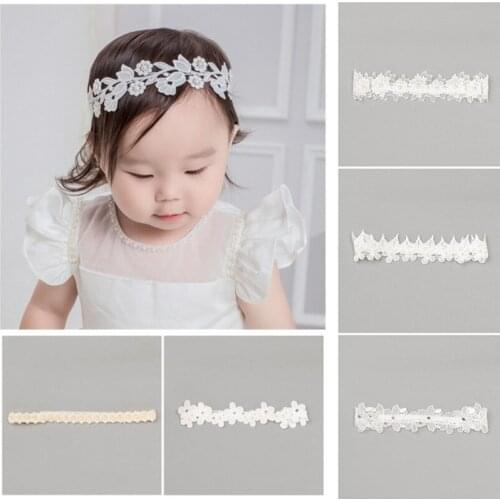 10pcs/lot White Embroidery Lace Flower Headbands Kid Floral Elastic Hairbands with Simulated Pearls Photo Prop Head bands