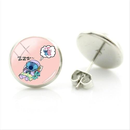 Disney Cartoon Q Version Stitch Shape Pattern Earrings Animated Pattern Earrings Glass Image Cabochon Earrings