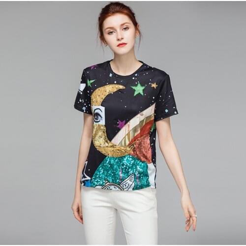 Summer Fashion Women 2021 T-shirt Runway Short Sleeve Cartoon Moon Star Printed Luxury Beaded Cotton Tshirt New