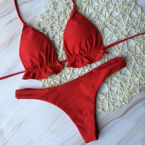 Women Sexy Bandage Brazilian Bikini Sets Lace Up Push-up Ruffle Bra Top Thong Set Beachwear Summer Bathing Suit Swimwear