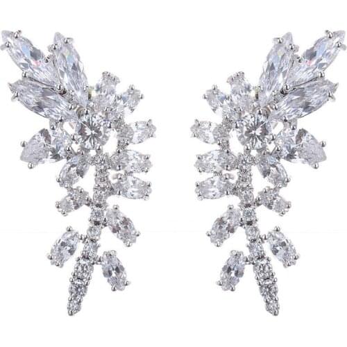 Fashion Bridal Jewelry Leaf Shape AAA Cubic Zirconia Stud Earring Africa Style Crystal Silver Plated Earrings for Woman GLE4693