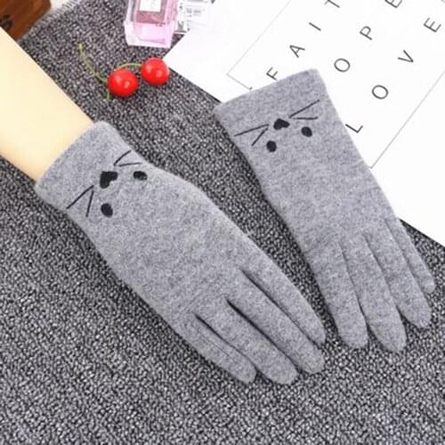 Women Winter Warm Thin Wool Touch Screen Driving Glove Female Cute Cat Embroidery Full Finger Elastic Nonslip Cycling Mitten E14