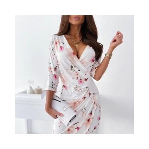 Summer Womens Elegant V-neck Printed Slim Sexy Hip-length Dress With Three-Quarter Sleeves Pleated Flowers Knee-length Dress