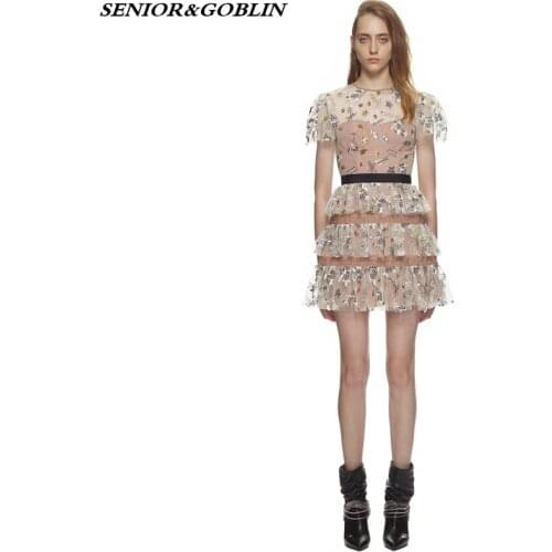 2019 Summer High Quality Self Portrait Runway Mesh Embroidery Party Dress Women Vintage Splice Stars Sequin Mini Dress Vestidos