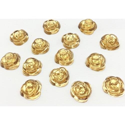 100pcs Gold Rose Flower With Silver Plated Gems Flatbacks Embellishments DIY Christmas Cabochons Decorations Crafts 14mm
