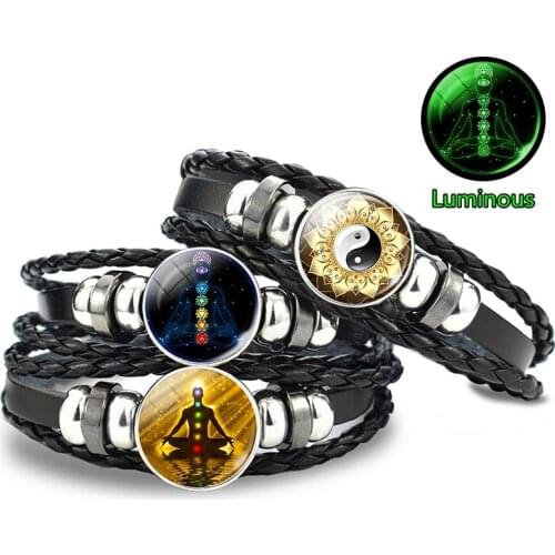 7 Chakra Bracelet Luminous Yoga Meditation Symbol Braided Leather Bracelet Men Women Indian Jewelry Fashion Accessories