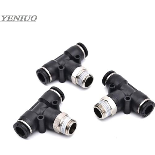 Black Air Connector Fitting T Shape Tee 12mm - 4mm Hose Pipe to 1/8" 1/4" M5 3/8" 1/2" BSP Male Thread Pneumatic Coupler