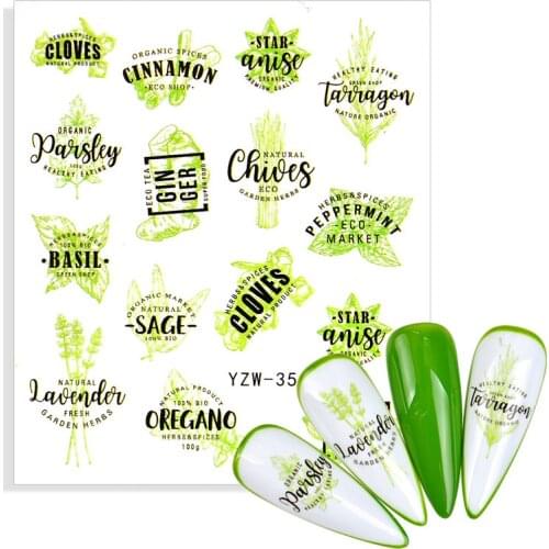 Green Simple Leaf Flower Nail Stickers ABC Letter Image Nail Art Decorations DIY Watermark Sliders Manicure Stickers for Nails