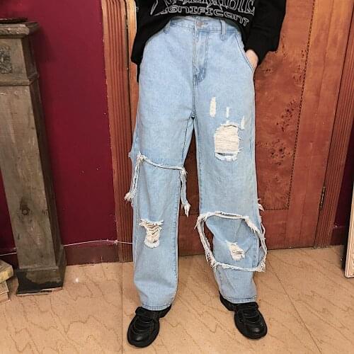 New vision dark wind high street brand hip hop splicing fake two pieces of tattered burr straight tube jeans for men and women