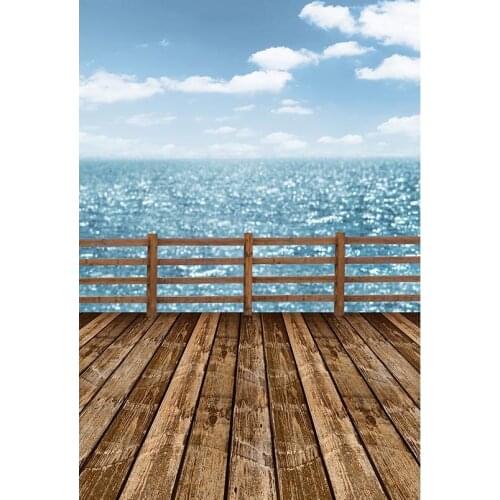 Seascape Photography Backdrops Wooden Floor Sea Blue Sky Backgrounds for Photo Studio Wedding Photos Newborn Baby Shower Custom
