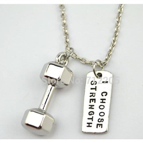 Dumbbell barbell with I Choose Strength chain necklace Fitness weightlifting Gym necklace (A1186)