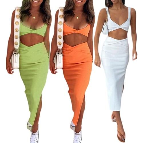 Hirigin New Female 2 Pieces Suit Set Solid Color Low-Cut Short Camisole And Side Split Long Package Hip Skirt for Summer