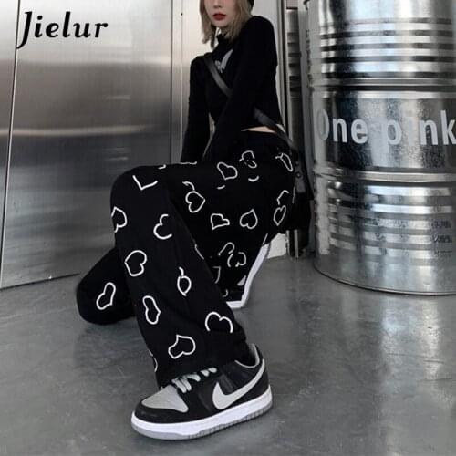 Jielur Harajuku Hip Hop Pants Women Love Print Loose High Waist Wide Leg Pants Street Style Cool Casual Black M-LTrousers 2021